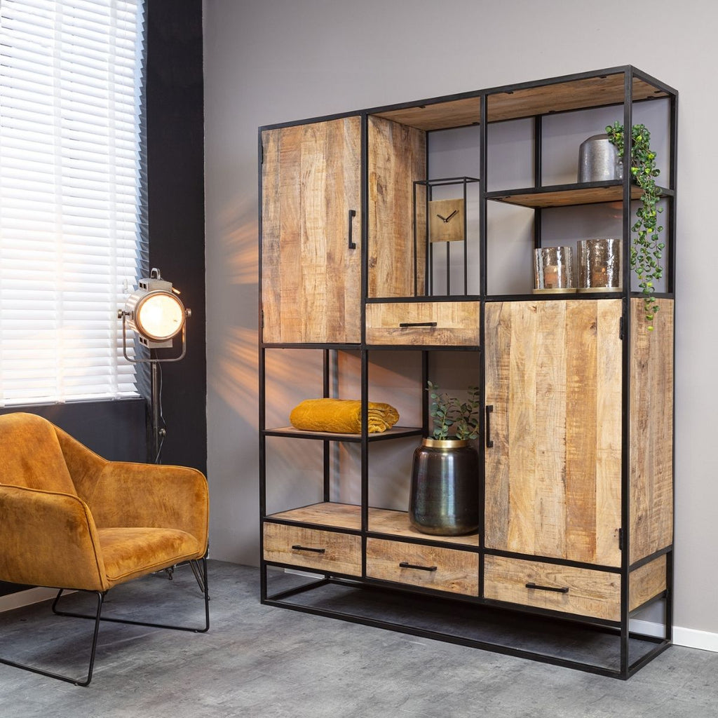 Regal Delta XXL – Mangoholz Schrank mit stabilem Metallgestell, 160×45×200 cm, stilvolles Regal im Industrial-Look