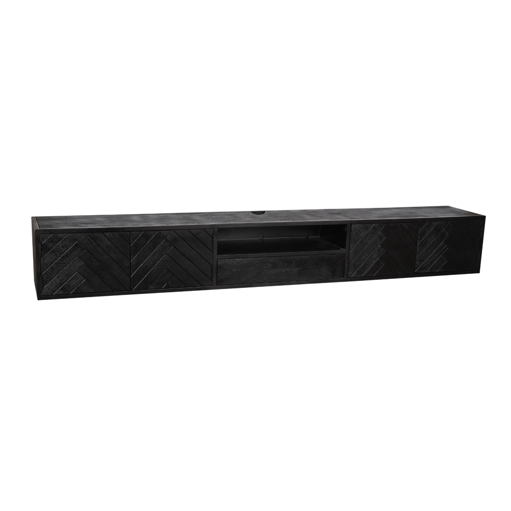 TV-Board Jacky 280x35x33 cm – modernes Mangoholz mit Fischgrätfront in Schwarz & offenem Fach