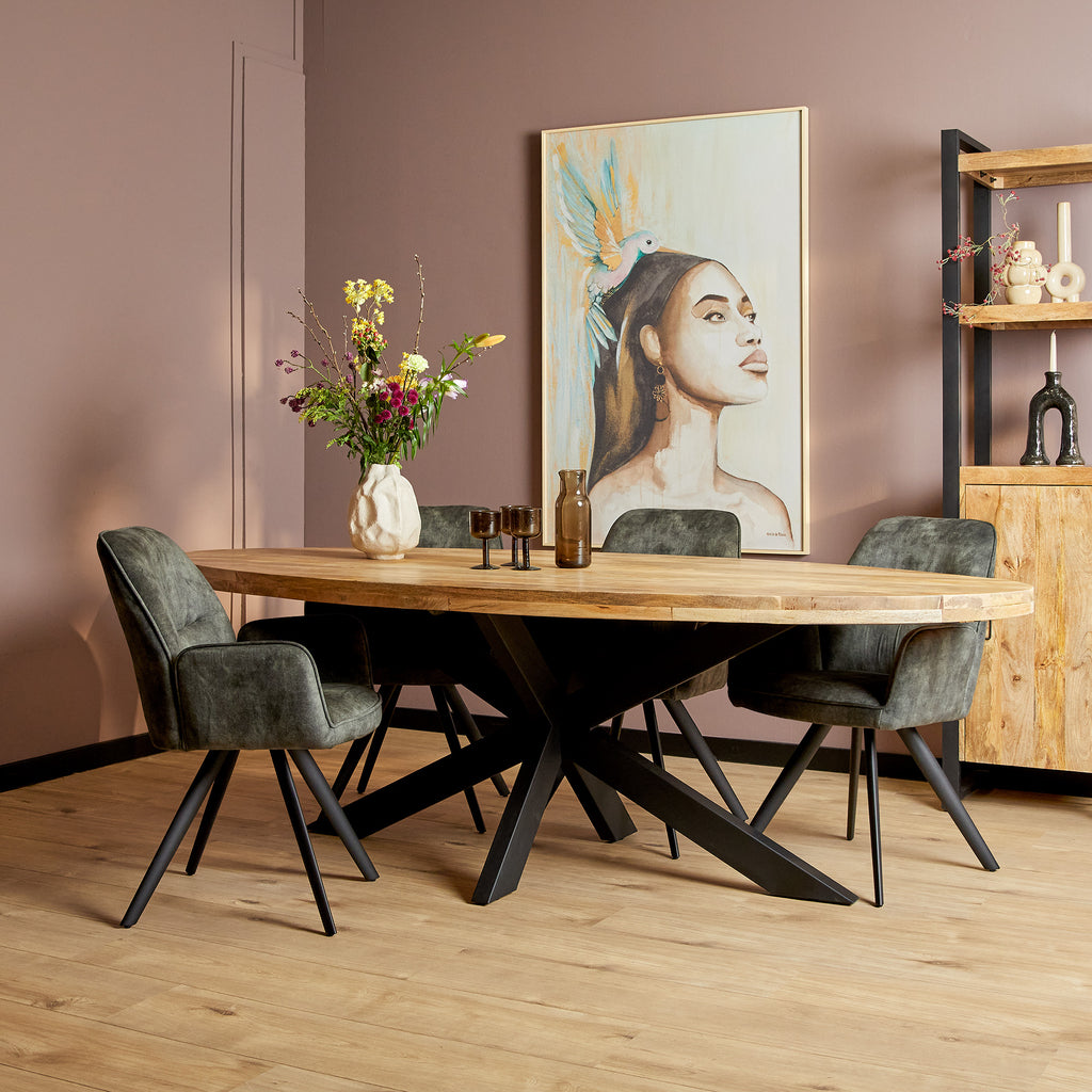 Esstisch Delta Oval 240x110x76 cm – massiver Mangoholztisch mit schwarzem Matrix-Metallgestell