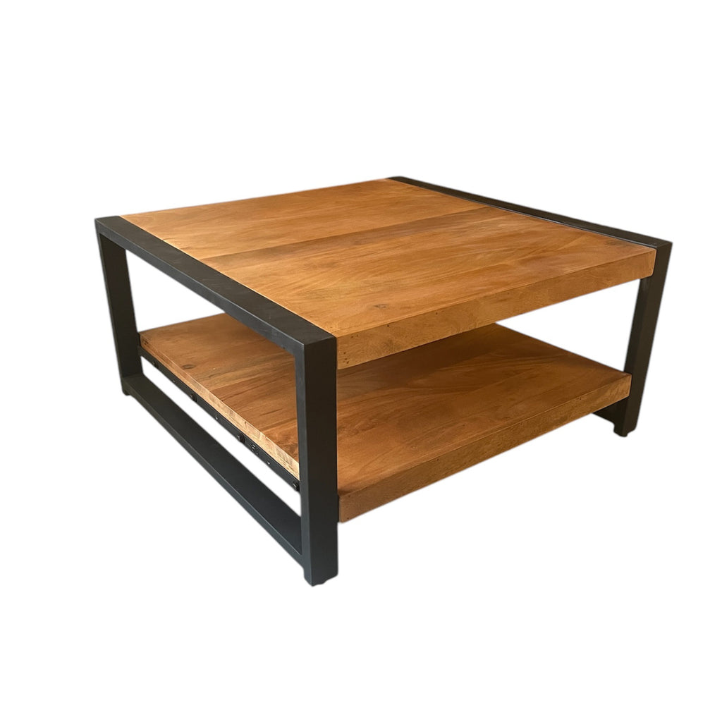 Beistelltisch Bori Mango Natur 80x80x40 cm – moderner Couchtisch mit Ablage & Metallgestell