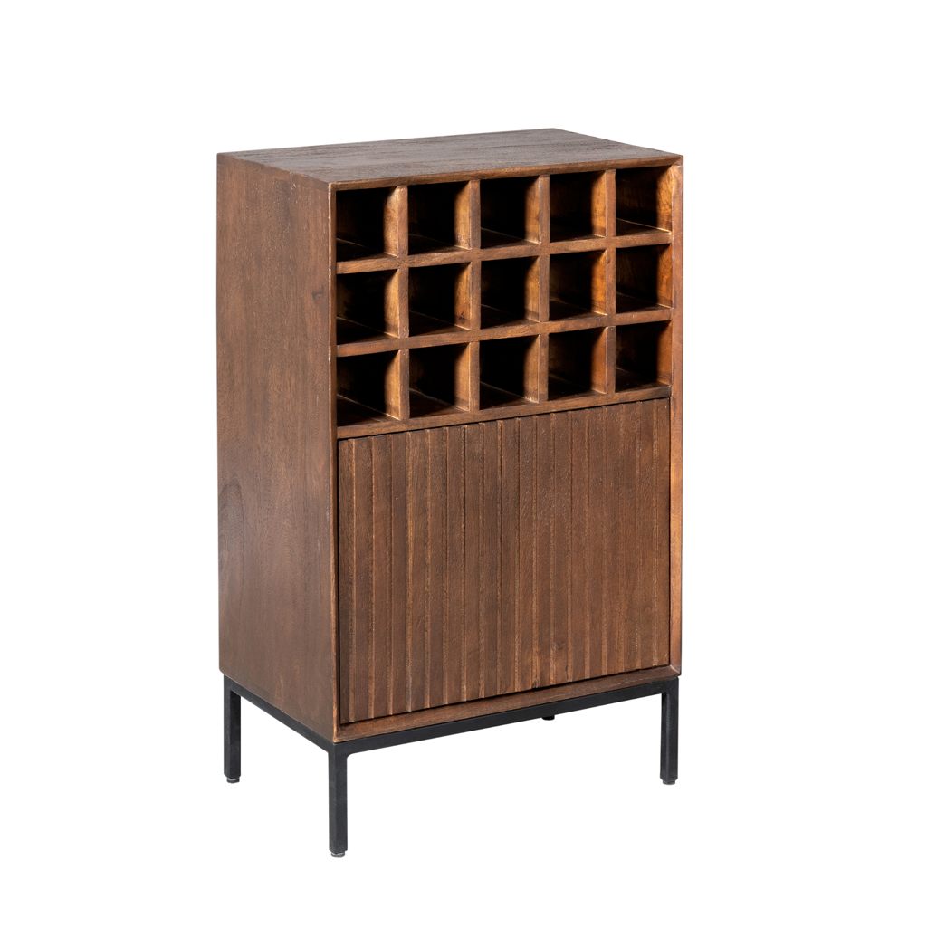 Weinregal Mandy Braun/Schwarz – Mangoholz mit Metallrahmen, Lamellentür & 15 Flaschenfächer, 55 x 35 x 90 cm
