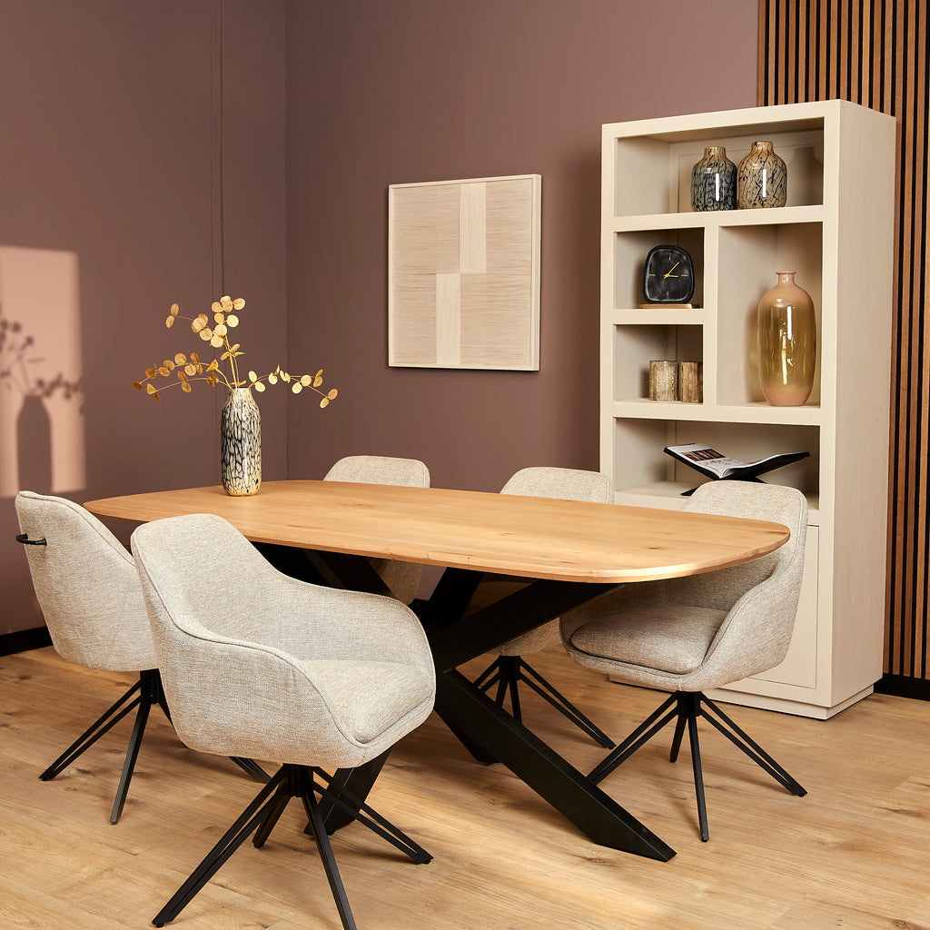 Esszimmerstuhl Jamey Beige – moderner Drehstuhl 60×62×85 cm mit Memory-Rückkehr & schwarzem Metallgestell