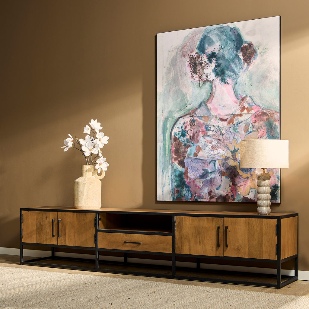 TV-Board Delta 240x45x50 cm – modernes Lowboard aus Mangoholz mit 4 Türen & 1 Schublade