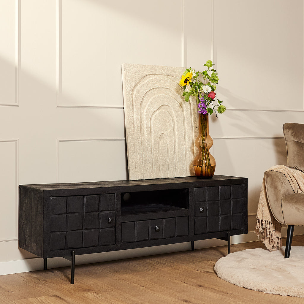 TV Board Jacky Schwarz 150x40x55 cm – Lowboard aus Mangoholz mit Türen, Schublade & Fach
