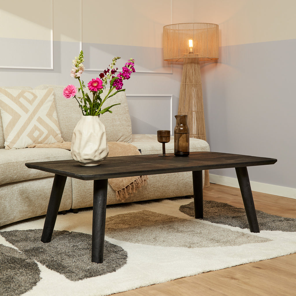 Couchtisch Raven – Mangoholz Wohnzimmertisch 130×45×70 cm mit schwarzen Holzelementen im modernen Design