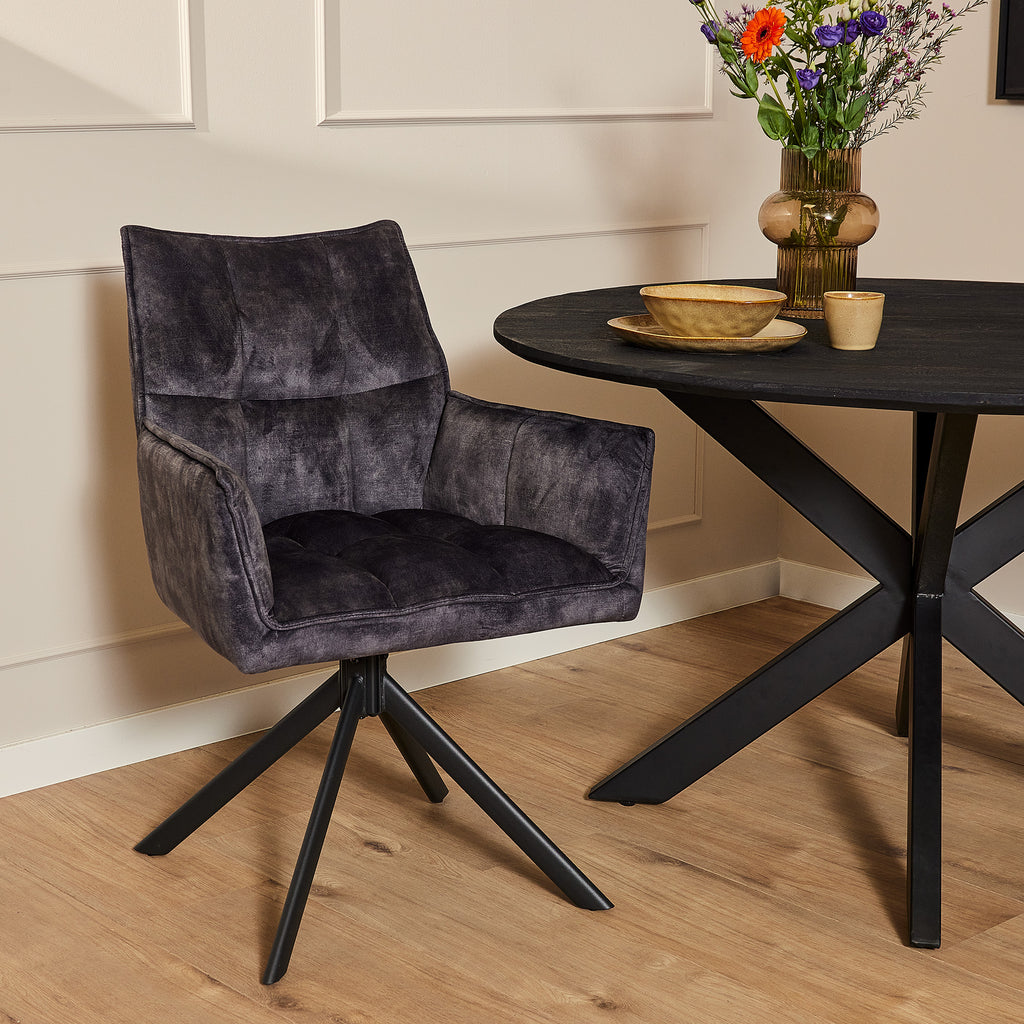 Esszimmerstuhl Daira Velvet Anthrazit – Samtstuhl drehbar 65×56×85 cm mit Armlehnen, Memory-Rückkehrfunktion & schwarzem Metallbein