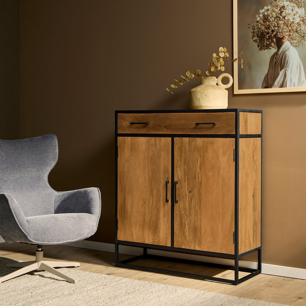Schrank Delta aus Mangoholz mit Metallgestell – 2 Türen & 1 Schublade, modernes Design in Schwarz, 100 x 40 x 115 cm