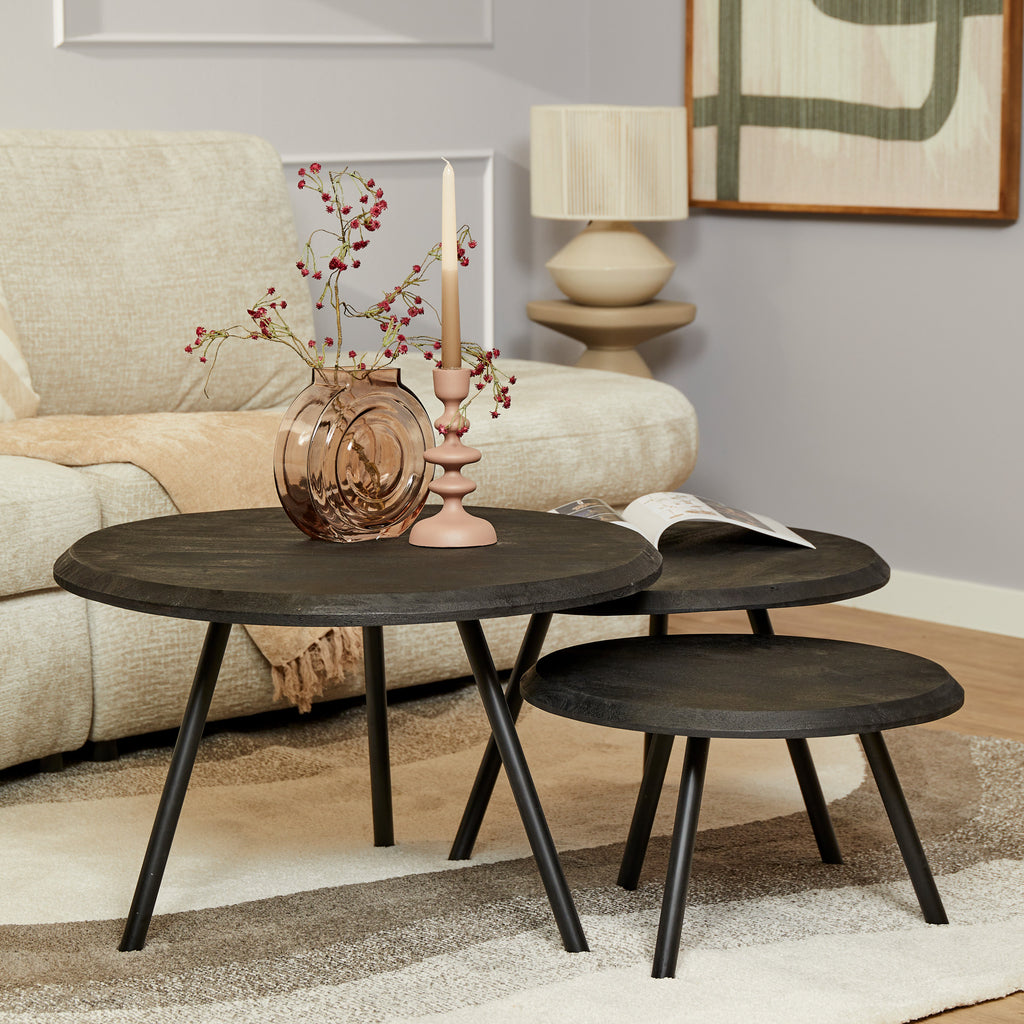 Couchtisch-Set Hawaii Schwarz – 3er-Set runde Tische aus Mangoholz & Metall, Ø70/60/50 cm, Höhen 45/38/31 cm
