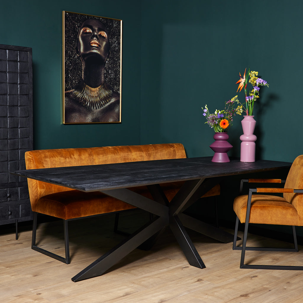 Esstisch Sydney Schwarz – Mangoholz Tisch 200×76×100 cm mit schwarzer Lackplatte & Matrix-Metallbeinen