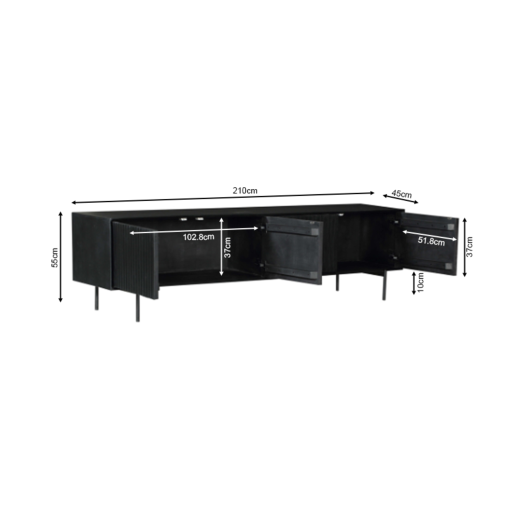 TV-Schrank Mandy Schwarz – Mangoholz TV-Board mit Metallrahmen & Lamellen-Front, 210×55×45 cm, 4 Türen im modernen Design