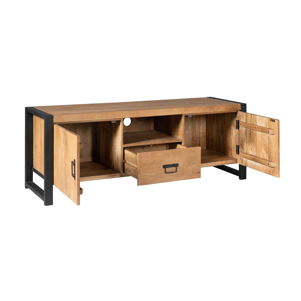 TV-Board Bori Natur– Mangoholz Lowboard mit 2 Türen, Fach & 2 Schubladen, 200×45×55 cm