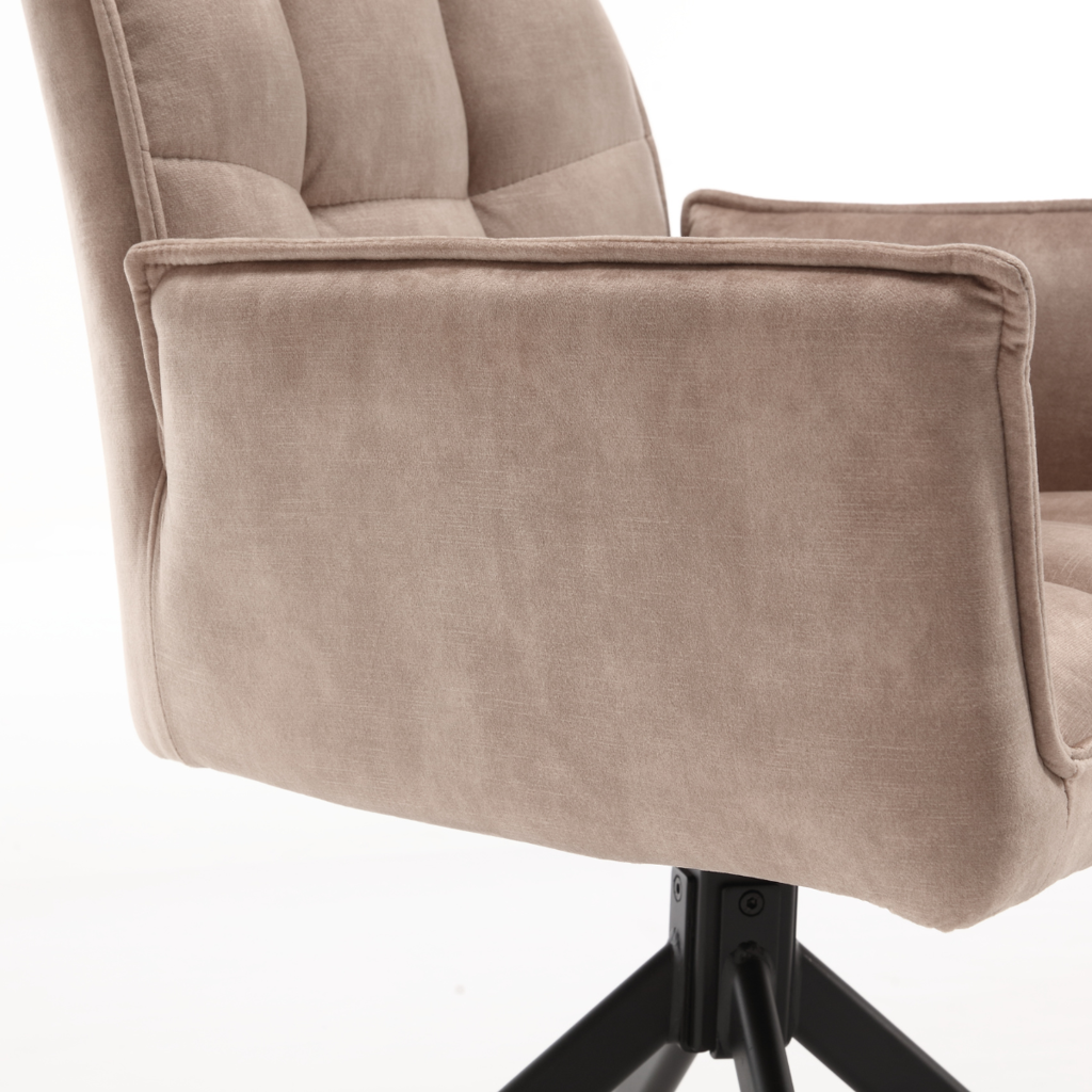 Esszimmerstuhl Daira Velvet Beige – Drehstuhl 65×56×85 cm mit Armlehnen, Memory-Rückkehr & schwarzem Metallbein