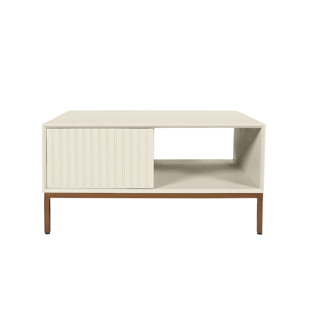 Couchtisch Mandy Sand 80x80x40 cm – Mangoholz mit Schubladen & bronzefarbenen Metallbeinen
