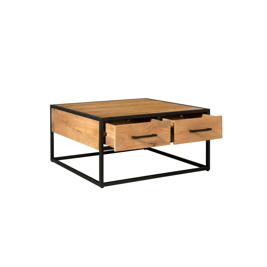Couchtisch Delta Natur – Quadratischer Mangoholz-Tisch mit 4 Schubladen & Metallgriffen, 80 x 80 x 40 cm