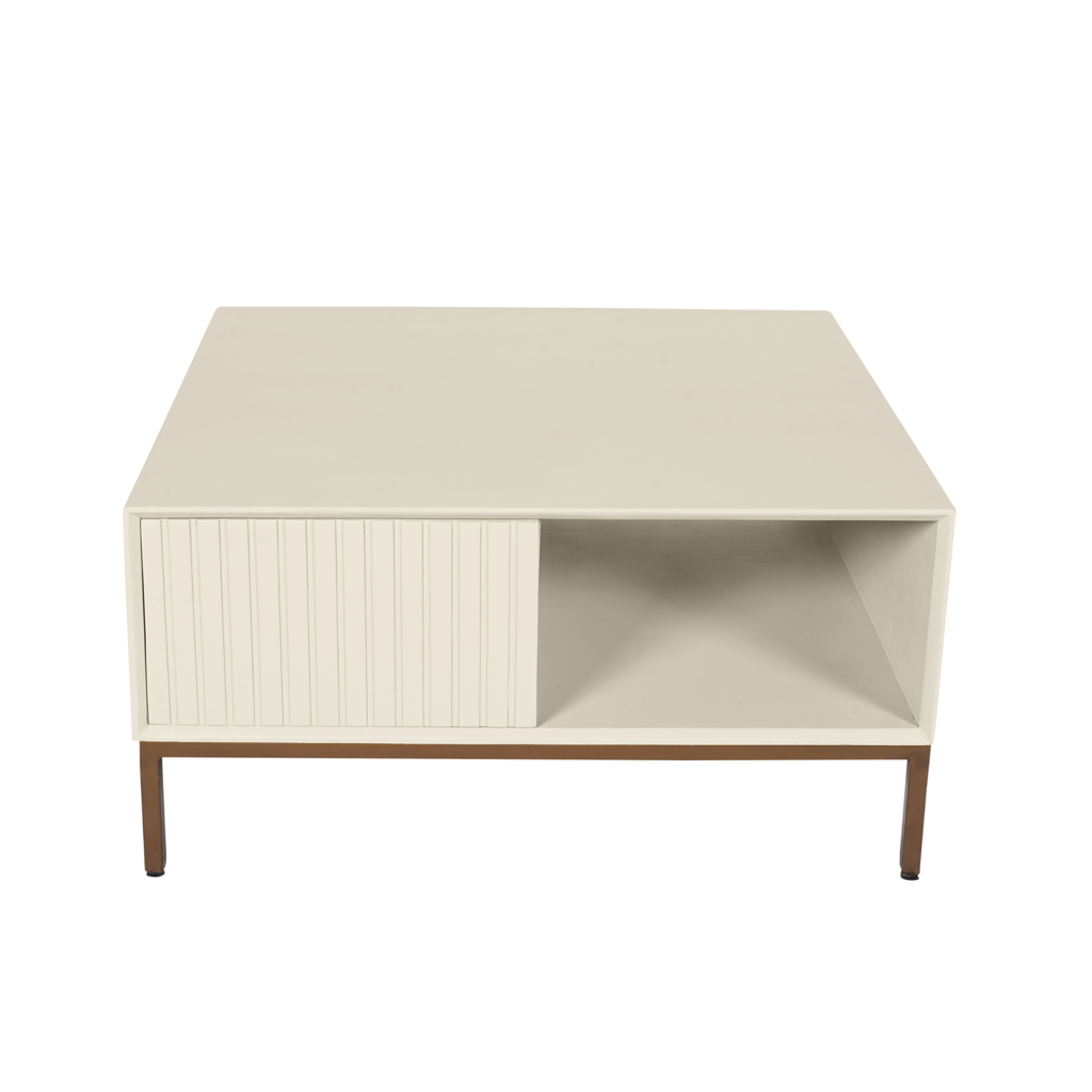 Couchtisch Mandy Sand 80x80x40 cm – Mangoholz mit Schubladen & bronzefarbenen Metallbeinen