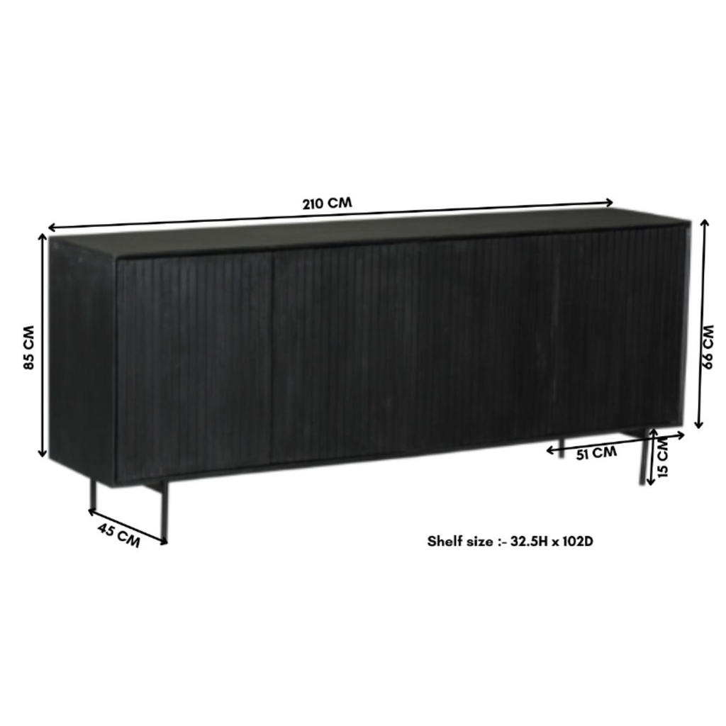 Bücherregal Bali Schwarz – Mangoholz mit modernem Design, 5 offene Fächer & 2 Türen mit Push-to-Open, 90 x 45 x 200 cm