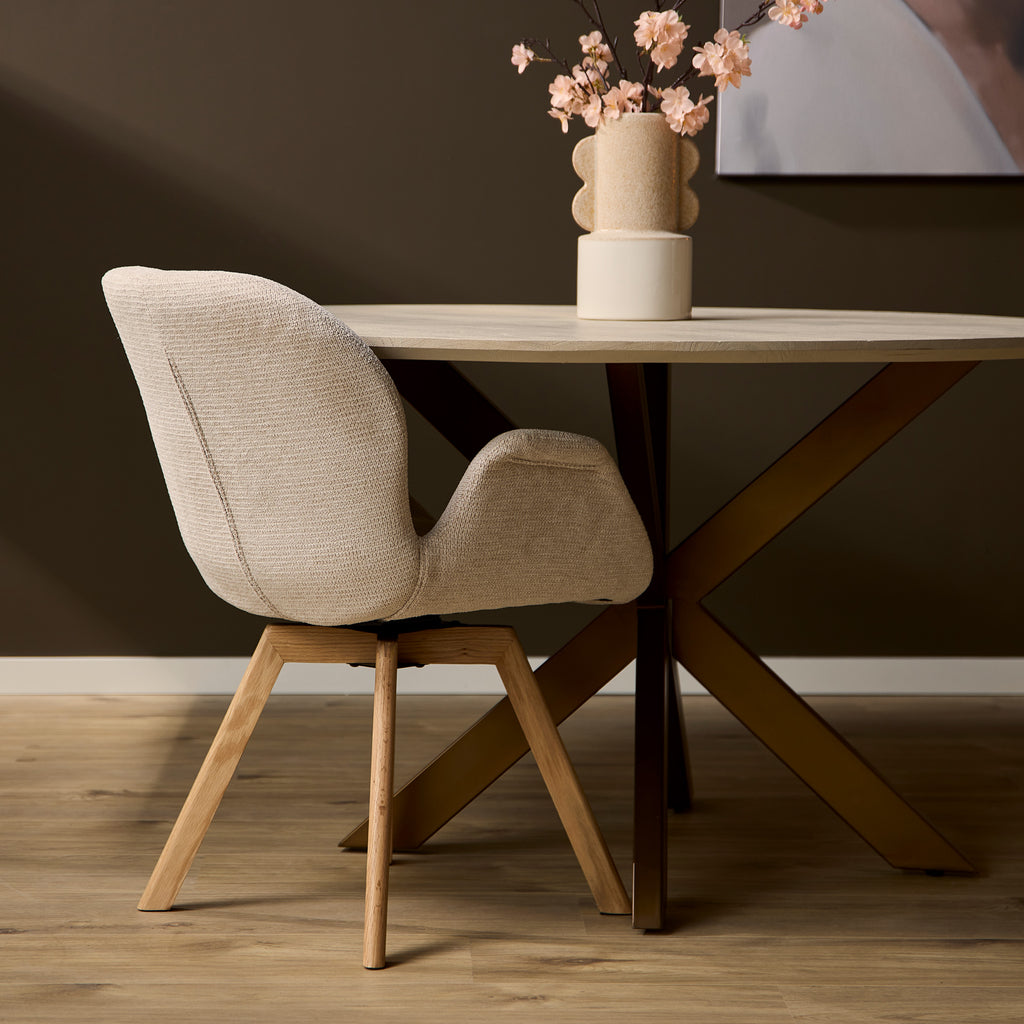 Esszimmerstuhl Jesse Drehbar Beige | Mit Armlehnen & Holzbeinen | 59 x 61 x 85 cm