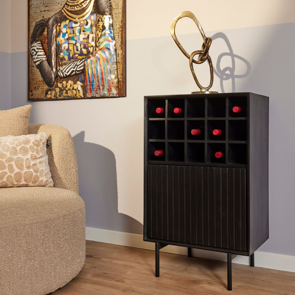 Weinregal Mandy 55x35x90 cm – elegantes Mangoholz-Regal mit Lamellenfront & 15 Flaschenfächern