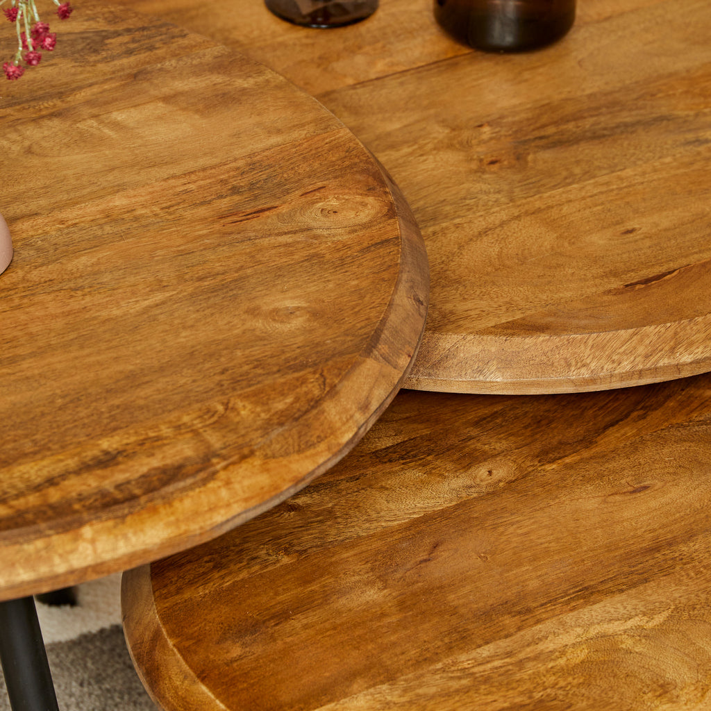 Couchtisch-Set Hawaii – 3 Tische aus Mangoholz & Metall, Ø70/Ø60/Ø50 cm, rundes Tisch-Set im modernen Design