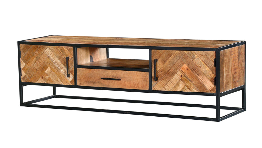 TV-Board Aloy – Mangoholz & Metall, Fischgrätmuster, 145 x 45 x 50 cm