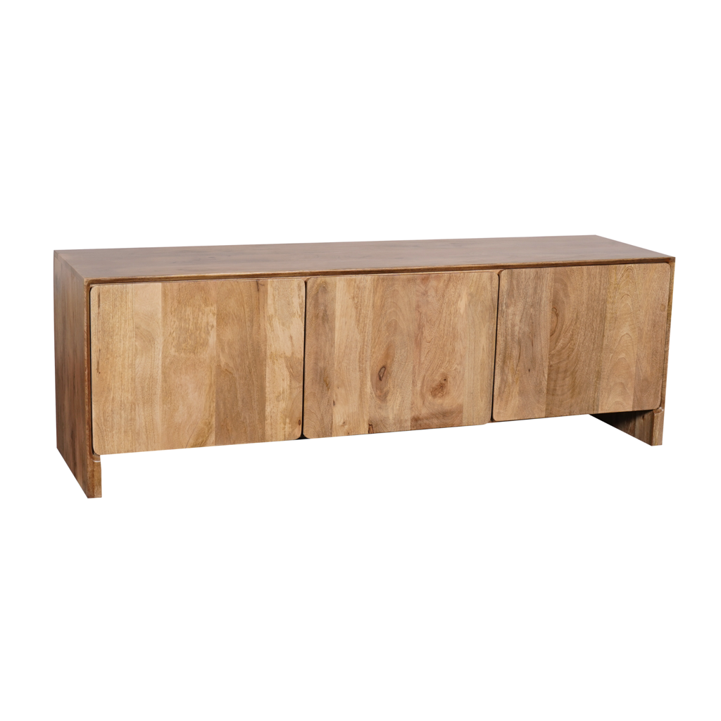 TV Board TeyTey 150x40x50 cm – Mangoholz Lowboard in Natur mit 3 Türen & minimalistischem Design