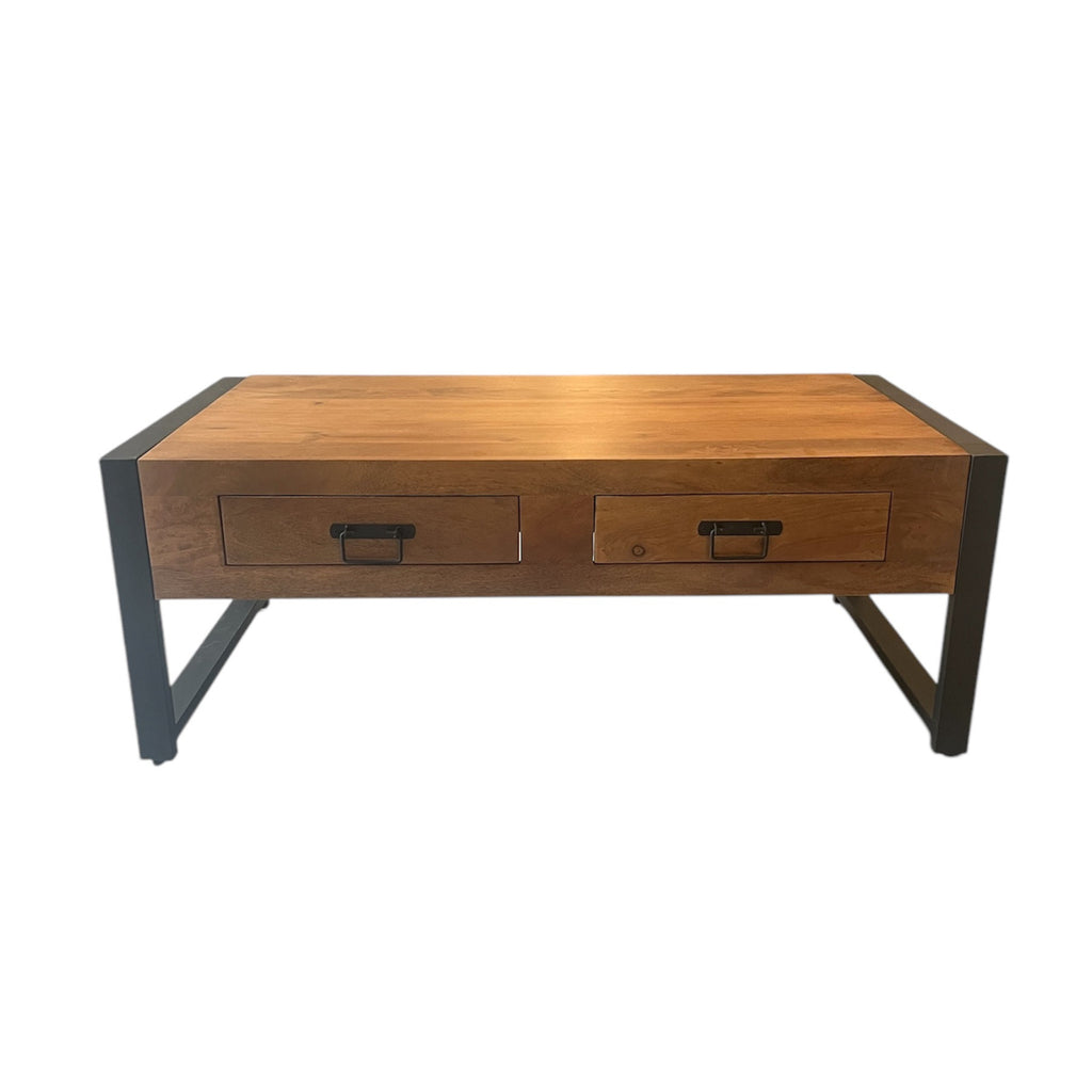 Couchtisch Bori – Mangoholz Tisch 120×45×60 cm mit 2 Schubladen & schwarzem Metallgestell, warmes Finish