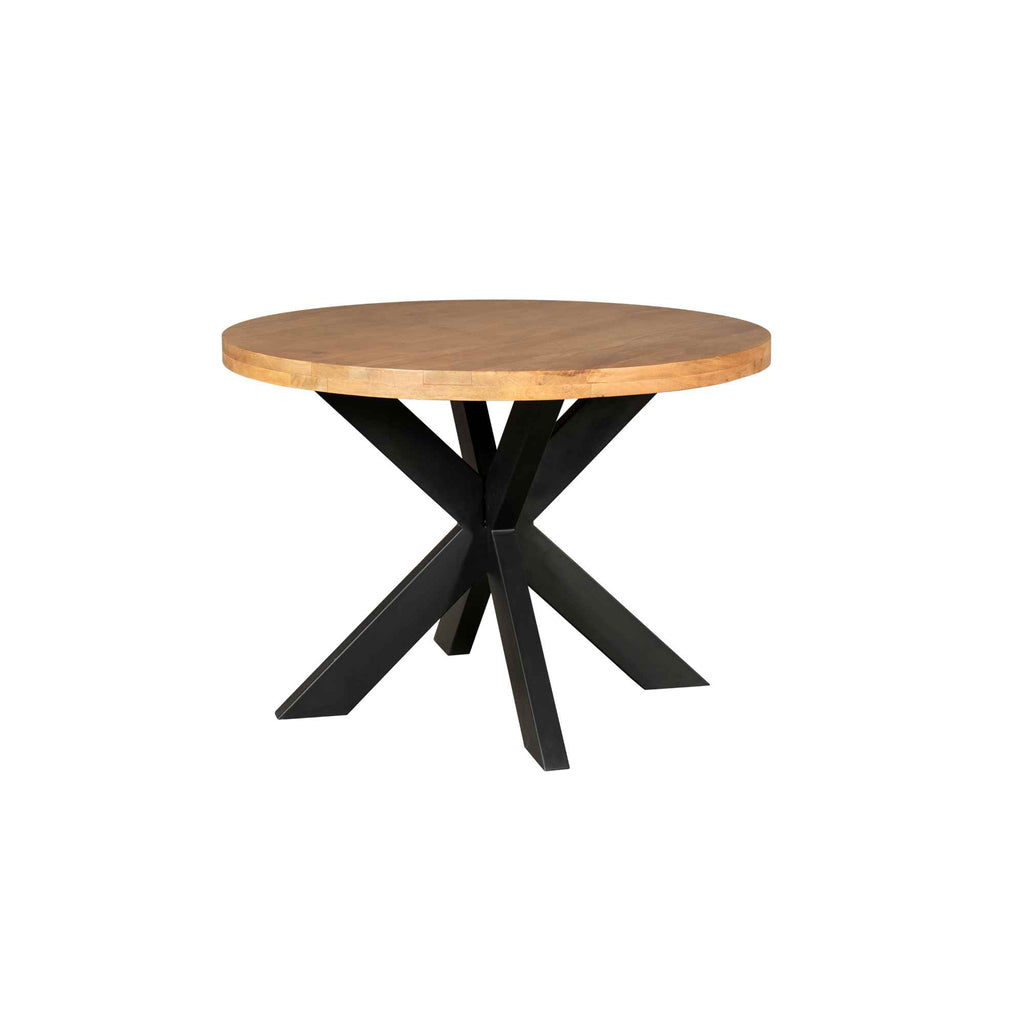 Esstisch Delta rund Ø110 cm – Mangoholz Tisch mit 6 cm Platte & Matrixgestell in Schwarz, 76 cm Höhe, modern & massiv