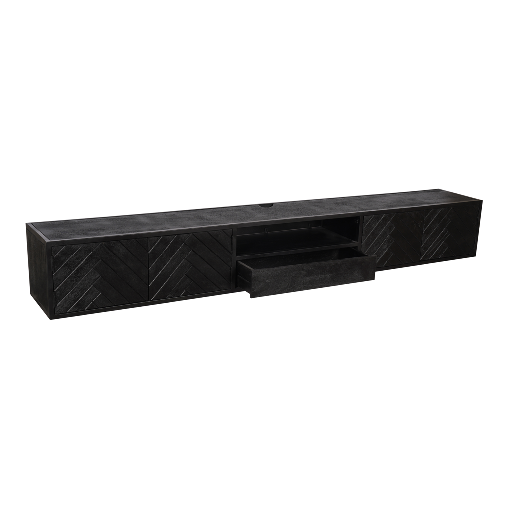 TV-Board Jacky 280x35x33 cm – modernes Mangoholz mit Fischgrätfront in Schwarz & offenem Fach