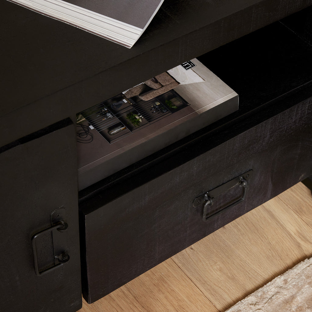 TV Board Bori Schwarz 110x45x55 cm – Massives Mangoholz & Metall mit Tür, Schublade & offenem Fach