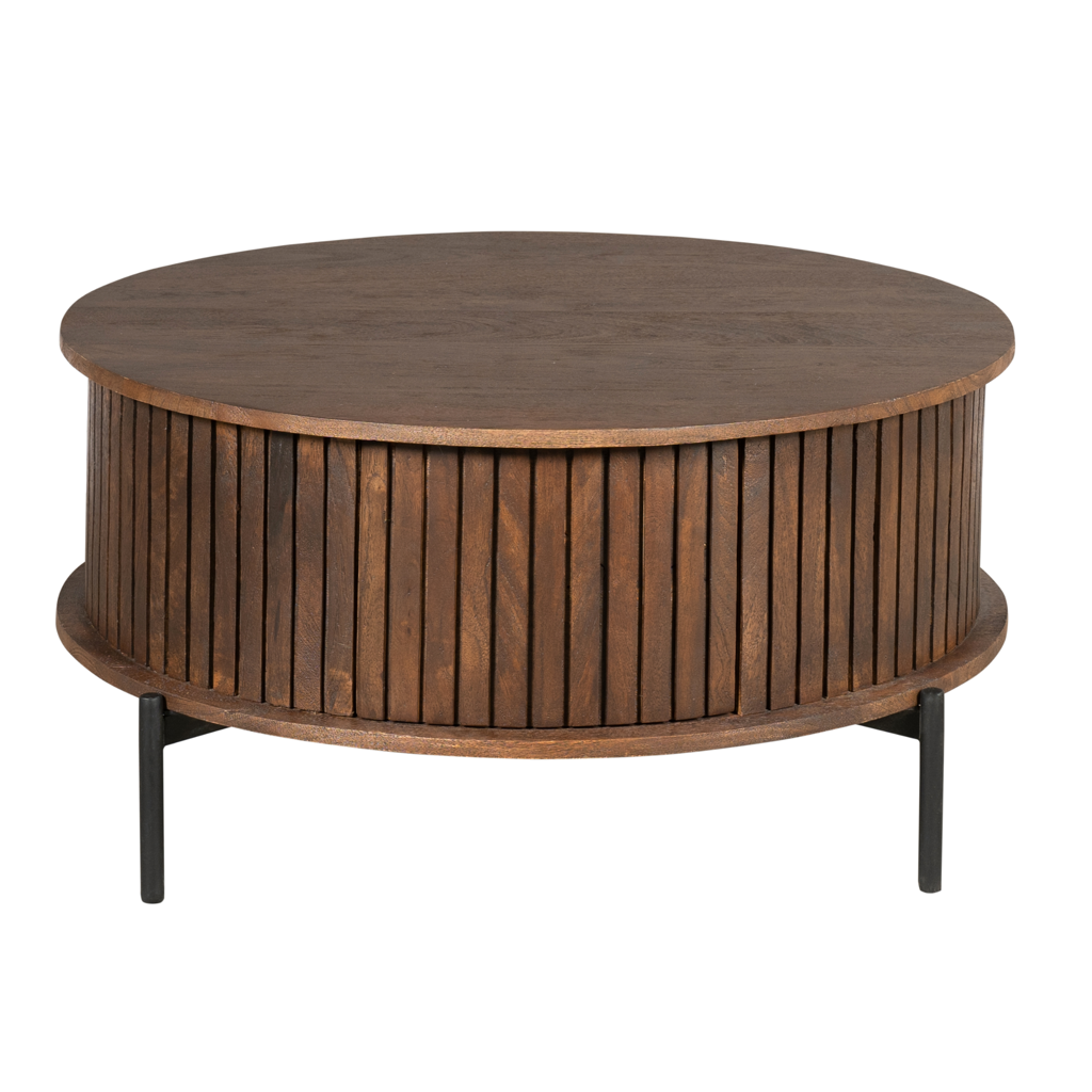 Couchtisch Mandy Braun Round – runder Mangoholz-Tisch mit 2 Schubladen & Lamellenmuster, 80 x 80 x 40 cm