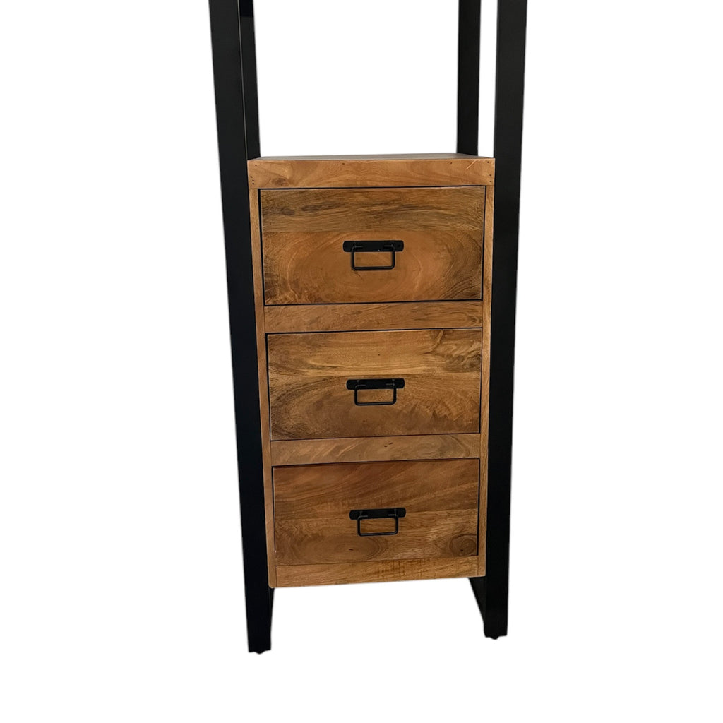 Bücherregal Bori – Mangoholz Regal mit 3 Schubladen & schwarzem Metallrahmen, warme Finish-Optik, 55×40×200 cm