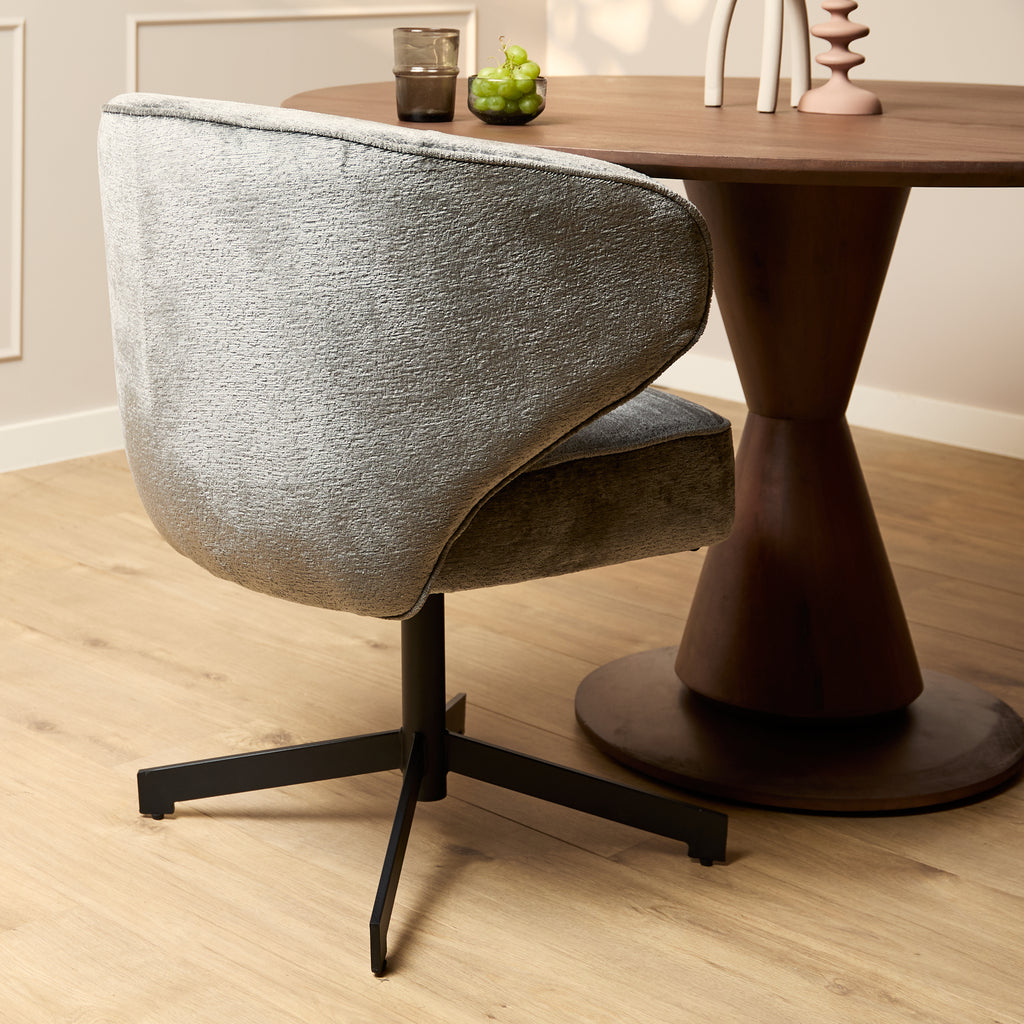 Esszimmerstuhl Persie – drehbarer Stuhl mit Armlehnen, Loris-Stoff & Metallgestell, 68×62×83 cm, moderne Polsterung in Grau