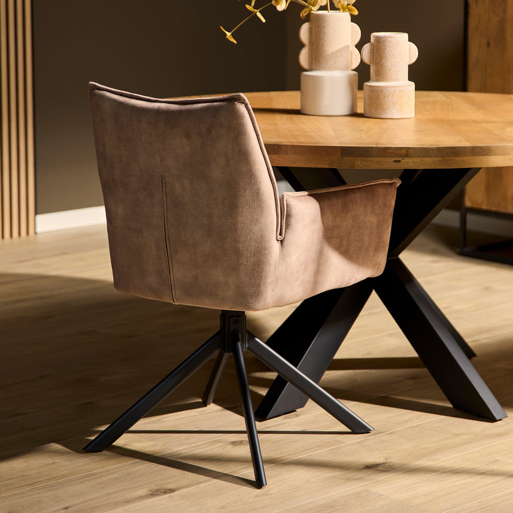 Esszimmerstuhl Daira Velvet Beige – Drehstuhl 65×56×85 cm mit Armlehnen, Memory-Rückkehr & schwarzem Metallbein