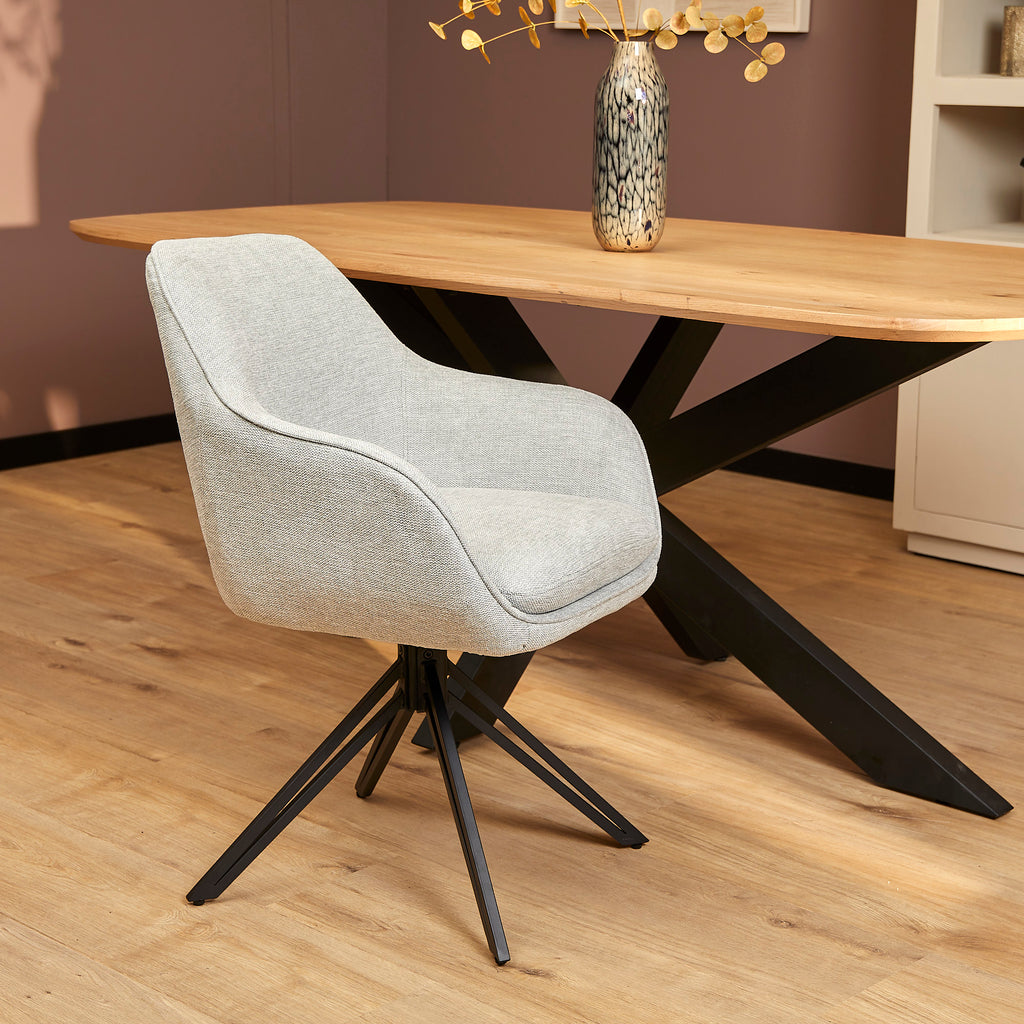 Esszimmerstuhl Jamey Hellgrau – moderner Drehstuhl 60×62×85 cm mit Memory-Rückkehr & schwarzem Metallgestell