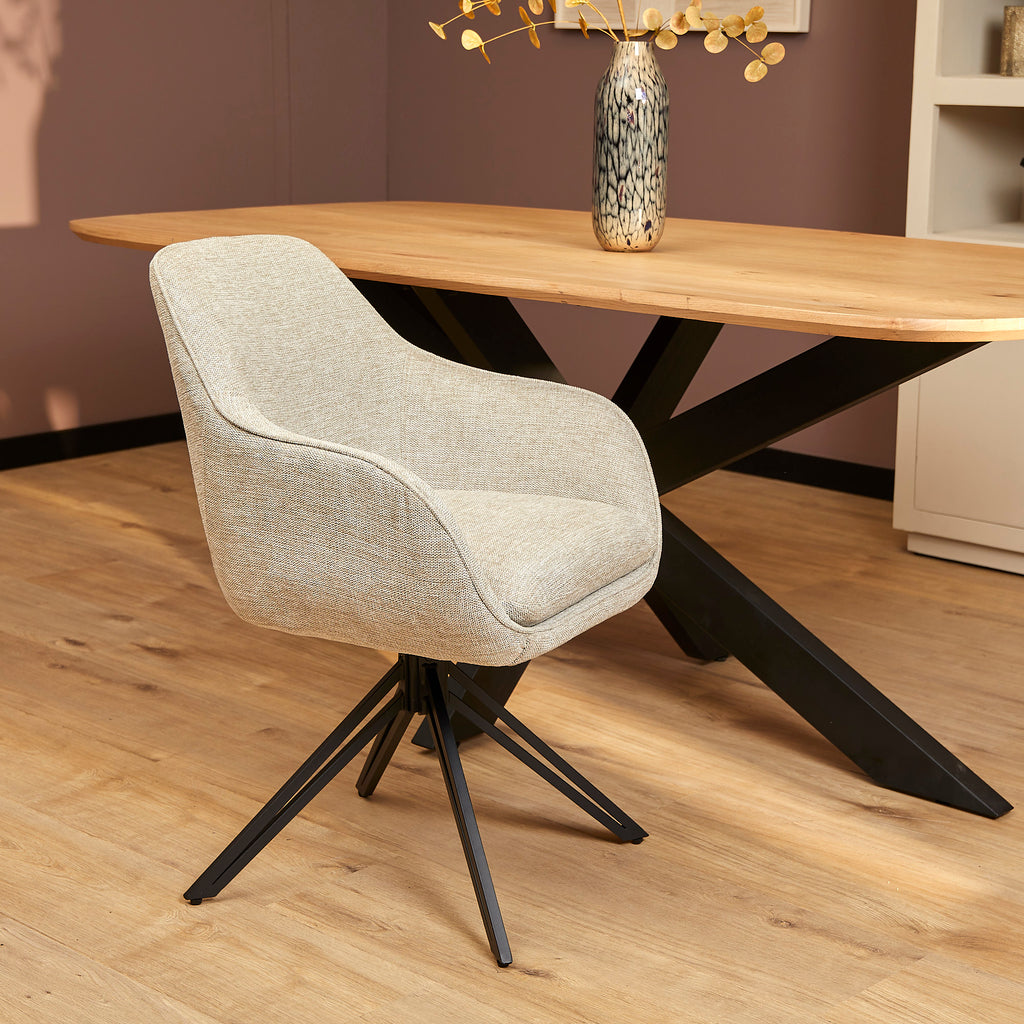 Esszimmerstuhl Jamey Beige – moderner Drehstuhl 60×62×85 cm mit Memory-Rückkehr & schwarzem Metallgestell