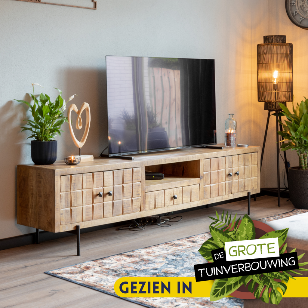 TV Board Jacky Natur 220x40x55 cm – Lowboard aus massivem Mangoholz mit Strukturfront & viel Stauraum