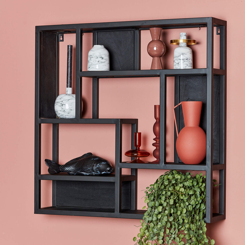 Wandregal Sydney – Regal aus schwarzem Mangoholz & Metallgestell, 75×16×75 cm, modernes Hängeregal im Industrial-Design