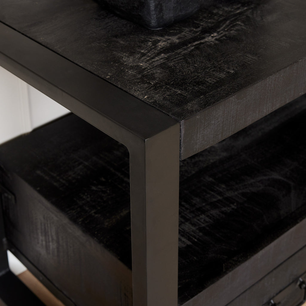 TV-Board Bori Schwarz – Mangoholz TV-Schrank 180×60×45 cm mit 4 Schubladen, offenem Fach & Metallgestell im modernen Design