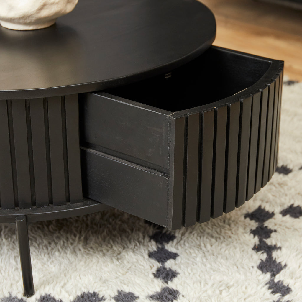 Couchtisch Mandy Rund 80x80x40 cm, Schwarz  – Mangoholz Tisch mit 2 Schubladen & Metallgestell