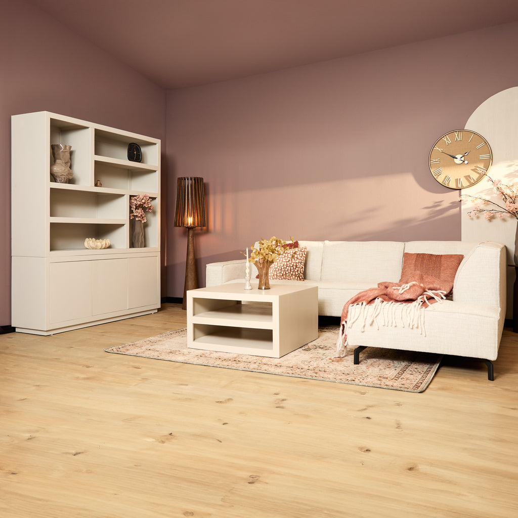 Regal Bali XL 160x45x200 cm – Mangoholz Bücherregal in Sand-Finish mit offenen Fächern & 3 Türen (Push-to-Open)