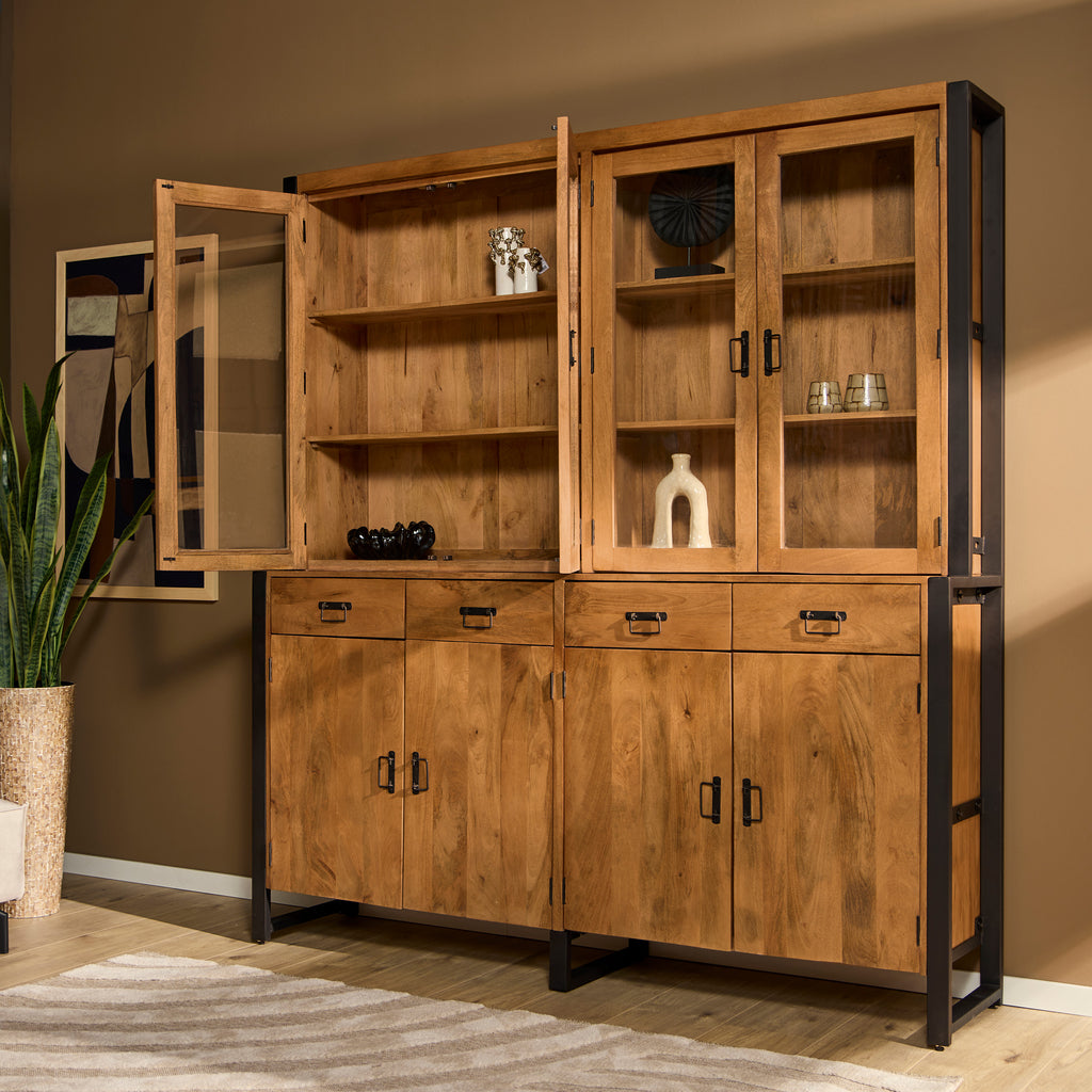 Vitrine Bori XXL Schwarz – Mangoholz & Metall, 200 x 45 x 220 cm, modernes Highboard mit Türen & Schubladen