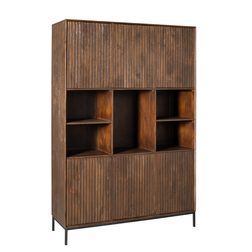 Regal Mandy XL 135x45x200 cm – Massiver Mangoholz Schrank mit Lamellen, 6 Türen & 5 offene Fächer im braunen Finish & Metallrahmen
