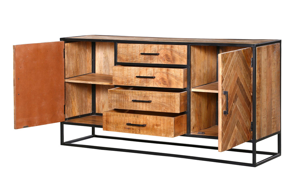 Sideboard Bori Natur– Mangoholz mit Metallgestell & 2 Türen, 3 Schubladen, 160 x 40 x 80 cm, modernes Stauraum-Design