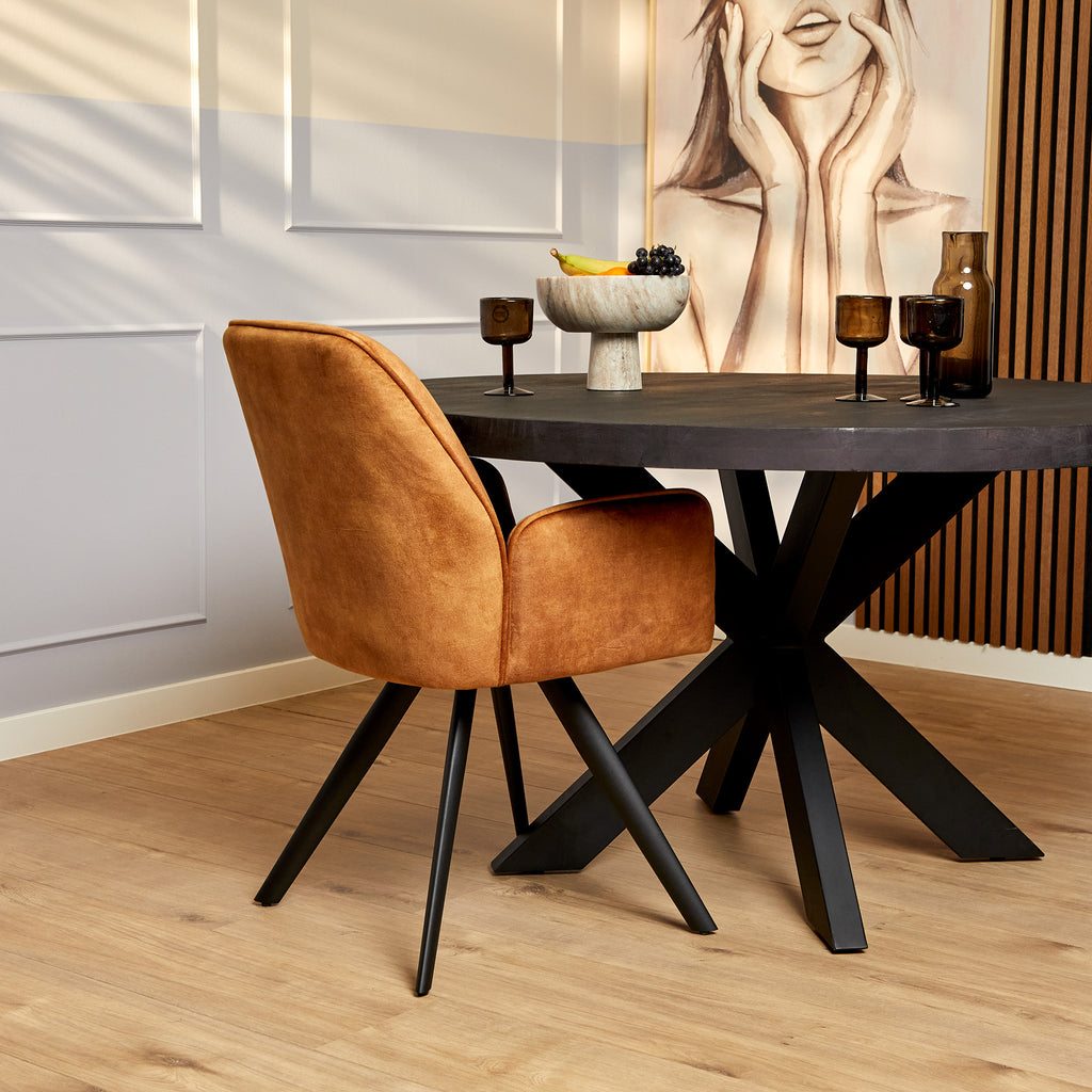 Esszimmerstuhl Oli Gold – Samt & schwarze Metallbeine, 60×65×89 cm, stilvoller Polsterstuhl mit Armlehnen