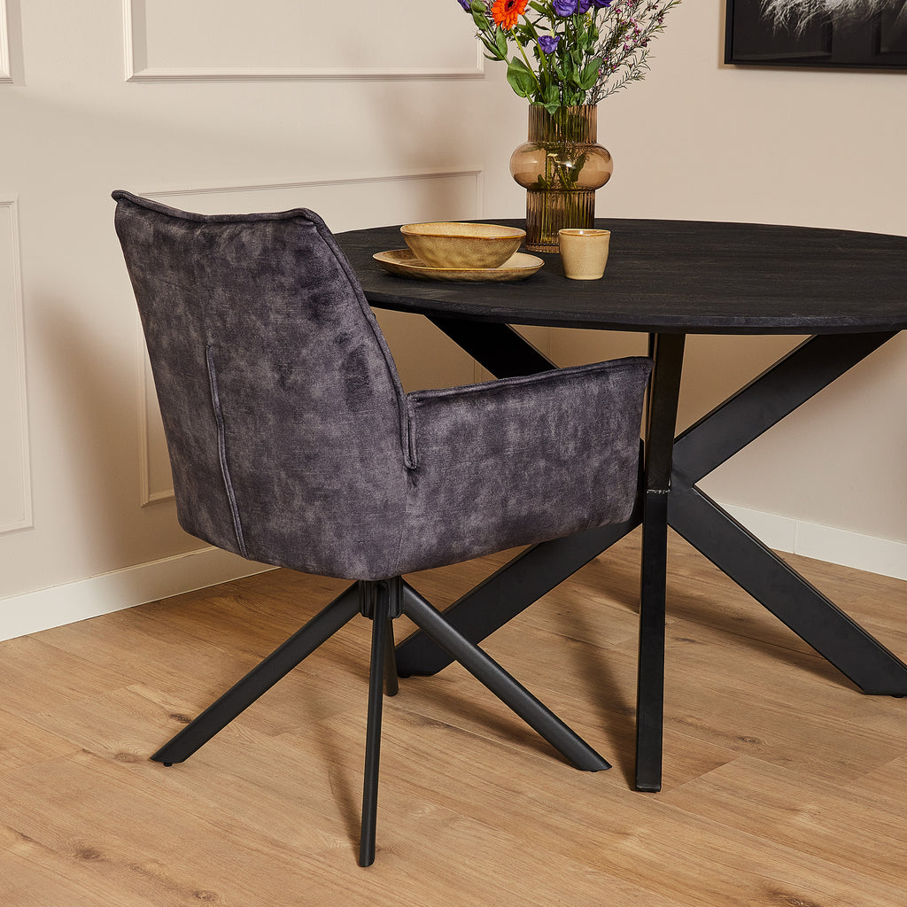 Esszimmerstuhl Daira Velvet Anthrazit – Samtstuhl drehbar 65×56×85 cm mit Armlehnen, Memory-Rückkehrfunktion & schwarzem Metallbein