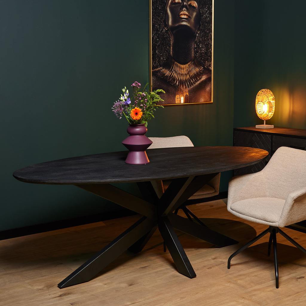 Esstisch Sydney Schwarz Oval 240x110x76 cm – moderner Mangoholztisch mit Metall-Matrixgestell
