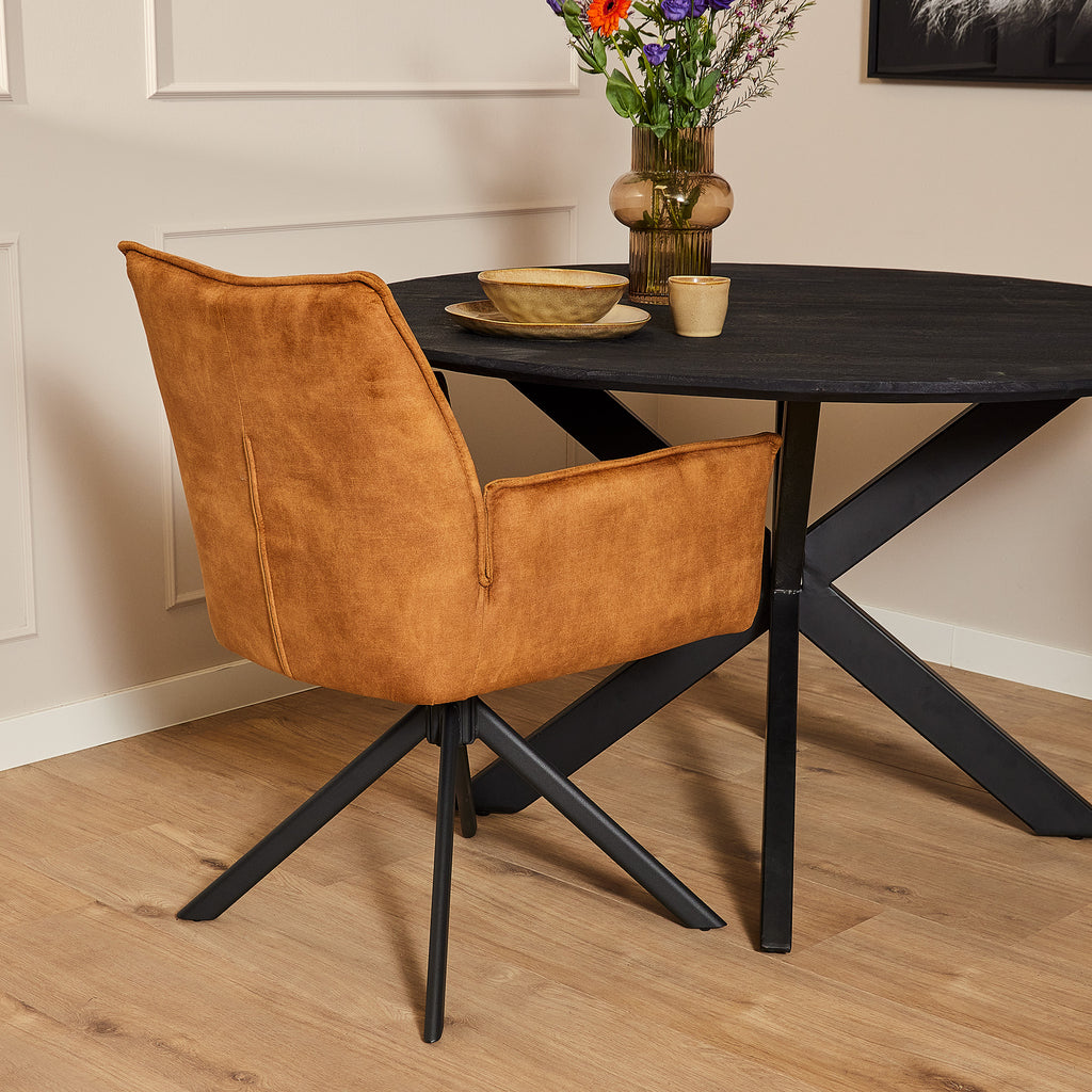 Esszimmerstuhl Daira Velvet Gold – Drehstuhl 65×56×85 cm mit Armlehnen, Memory-Rückkehr & schwarzem Metallbein