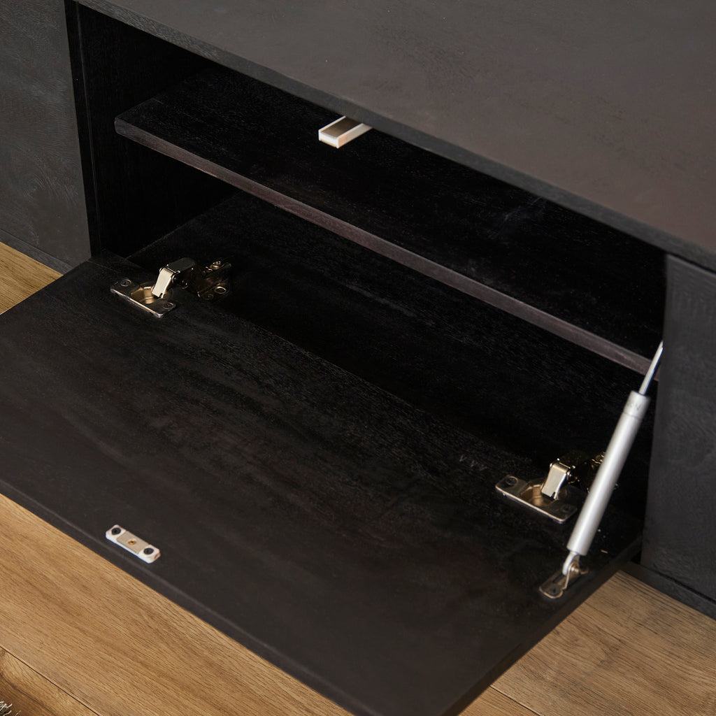 Schwebendes TV Board Focus 160x35x30 cm – Mango Holz Lowboard Schwarz mit Push-to-Open & grifflosen Türen