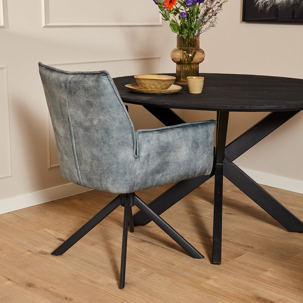 Esszimmerstuhl Daira Velvet Blau – Drehstuhl 65×56×85 cm mit Armlehnen, Memory-Rückkehr & schwarzem Metallbein