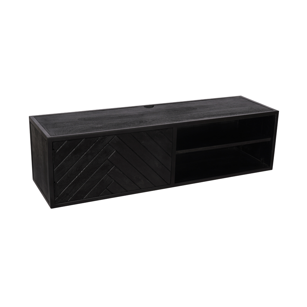 Schwebendes Lowboard Sydney aus Mangoholz in Schwarz – stilvolles TV-Board 120×33×35 cm mit Fischgrät-Front für modernes Wohnen